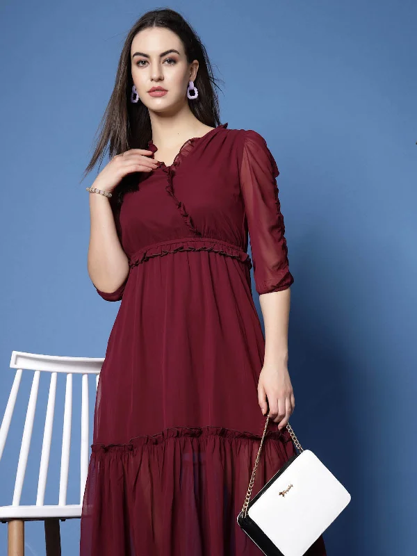 Maroon Puff Sleeve Empire Midi Dress