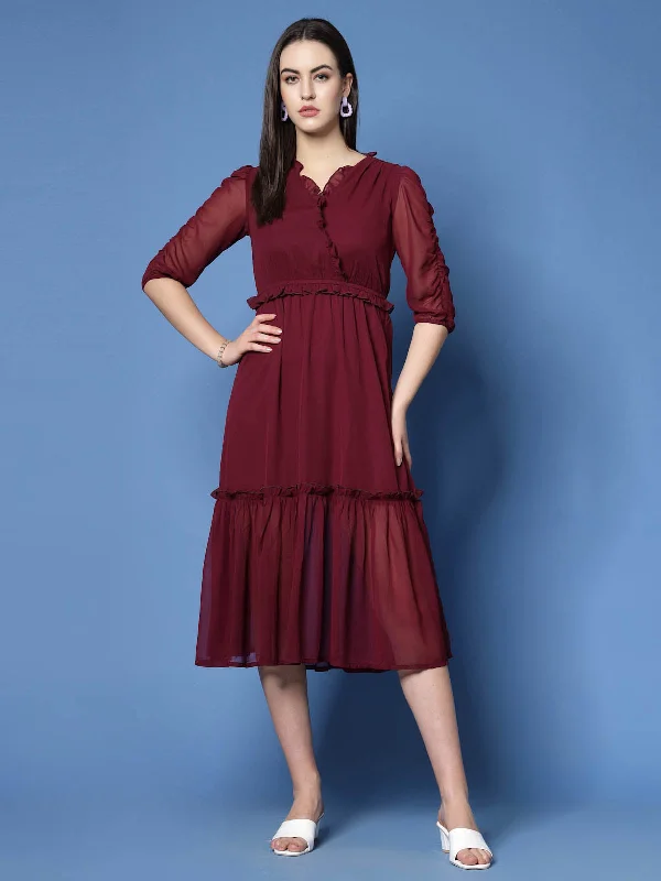 Maroon Puff Sleeve Empire Midi Dress