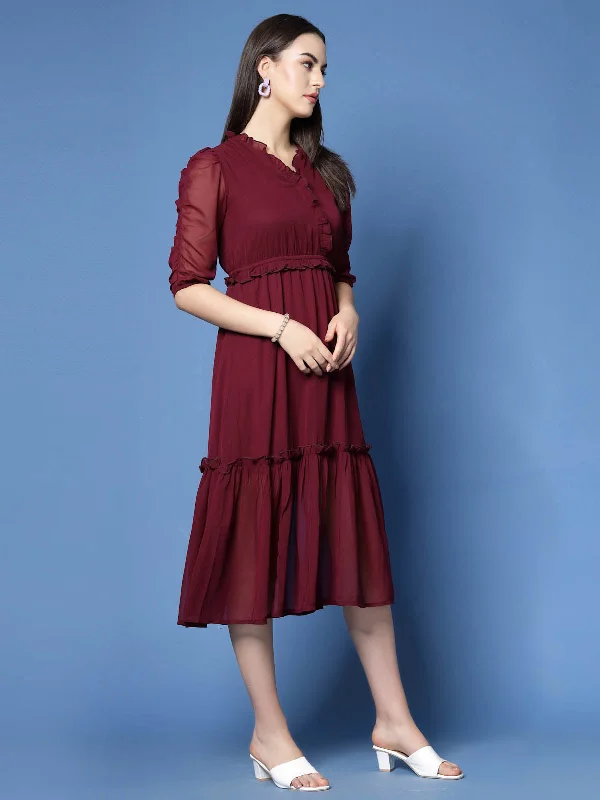 Maroon Puff Sleeve Empire Midi Dress