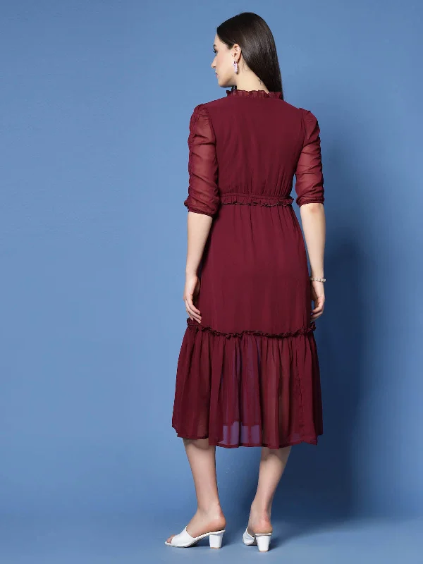 Maroon Puff Sleeve Empire Midi Dress