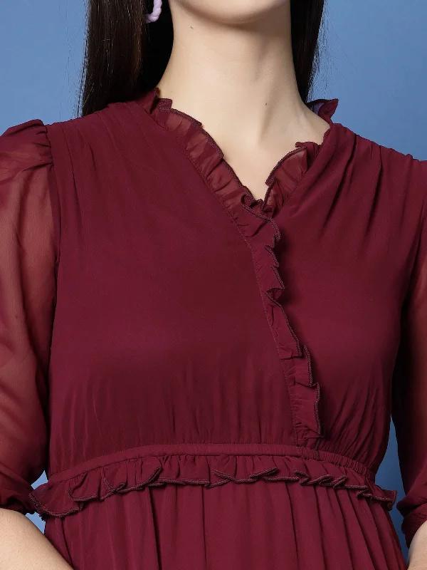 Maroon Puff Sleeve Empire Midi Dress