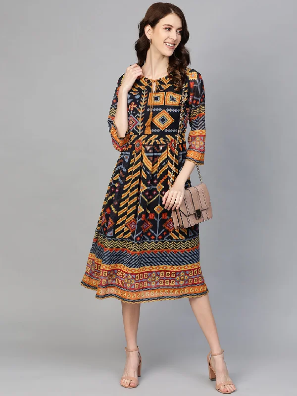 Navy Blue  Yellow Geometric Printed Midi A-Line Dress