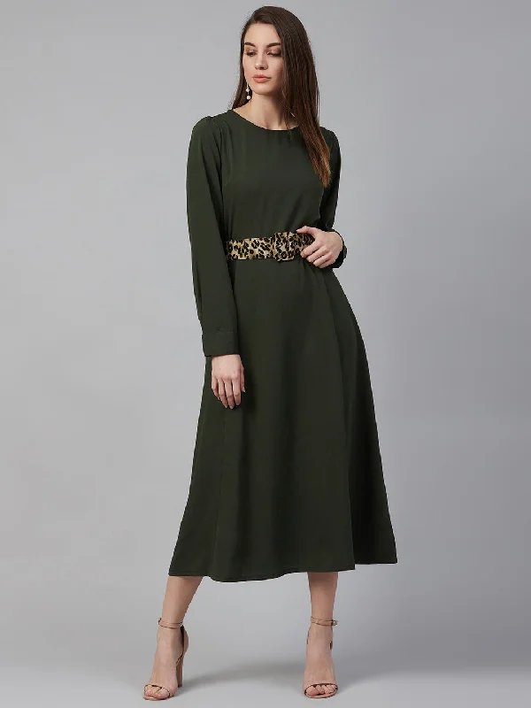 plusS Olive Green Midi Dress With Puff Sleeves