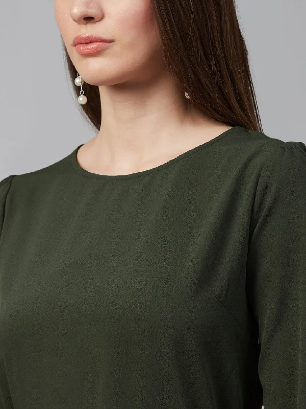 plusS Olive Green Midi Dress With Puff Sleeves