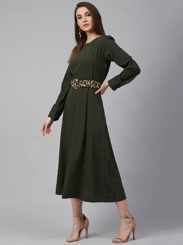 plusS Olive Green Midi Dress With Puff Sleeves