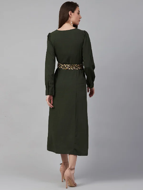 plusS Olive Green Midi Dress With Puff Sleeves