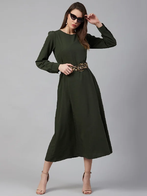 plusS Olive Green Midi Dress With Puff Sleeves