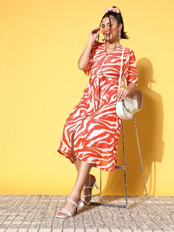 plusS Orange  White A-Line Midi Dress