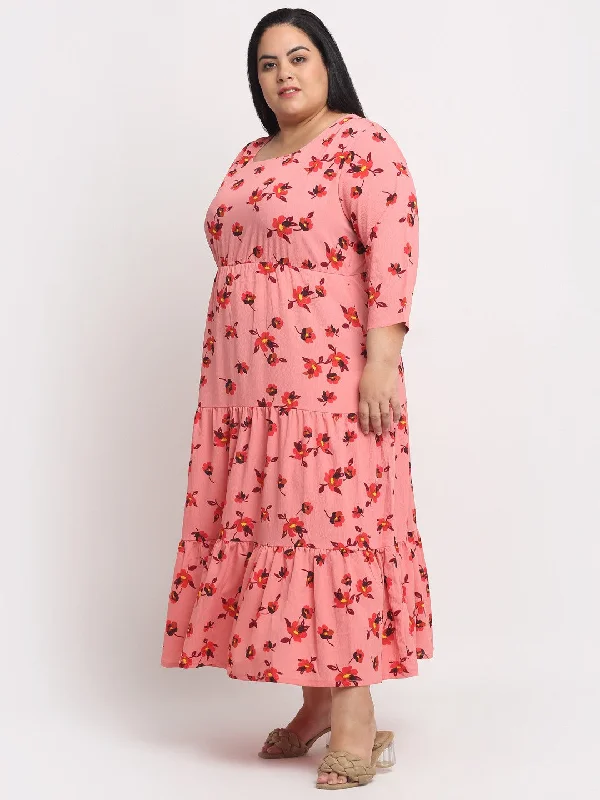 plusS Peach-Coloured  Orange Floral A-Line Midi Dress