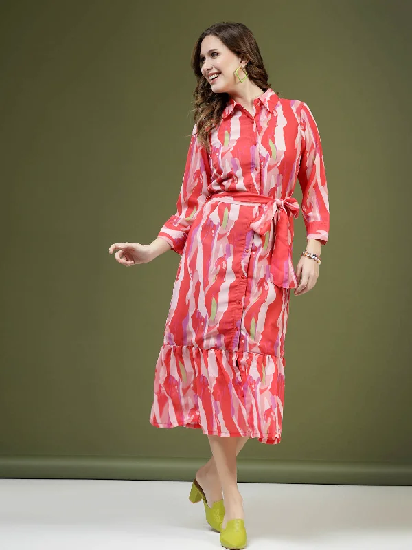 Pink Abstract Printed Shirt Midi Dress With Belt