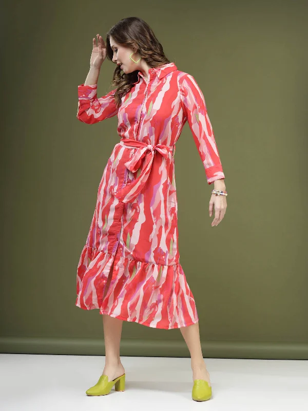 Pink Abstract Printed Shirt Midi Dress With Belt