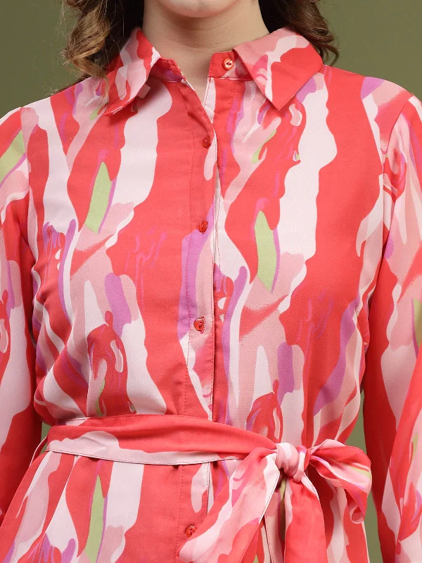 Pink Abstract Printed Shirt Midi Dress With Belt