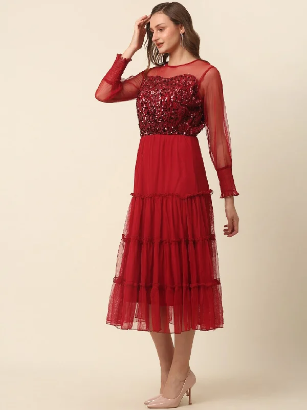 plusS Red Tiered Sequinned Fit  Flare Midi Dress