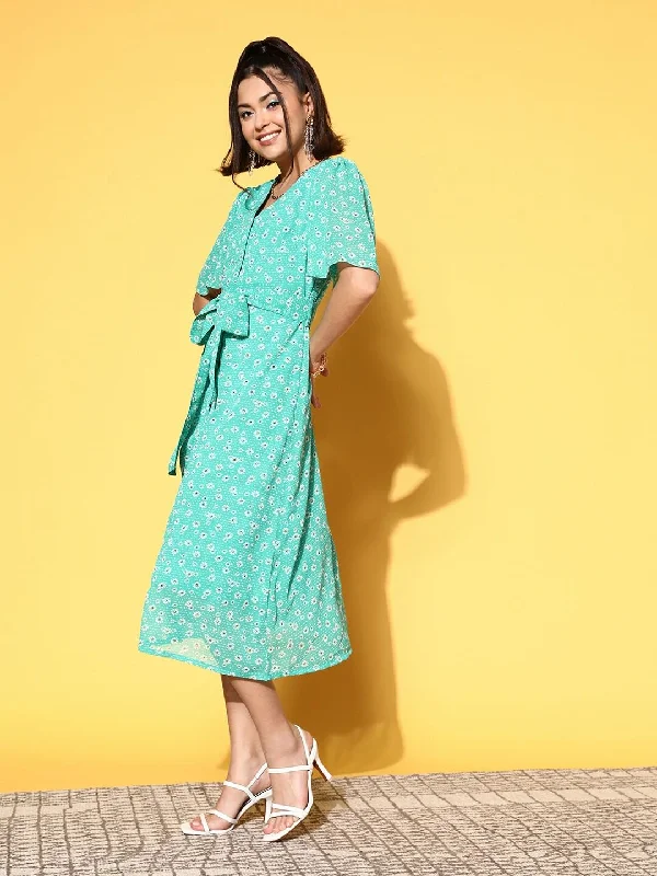 plusS Sea Green Floral A-Line Midi Dress