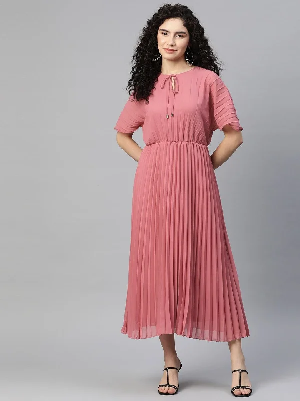 plusS Tie-Up Neck Flared Sleeve A-Line Midi Dress