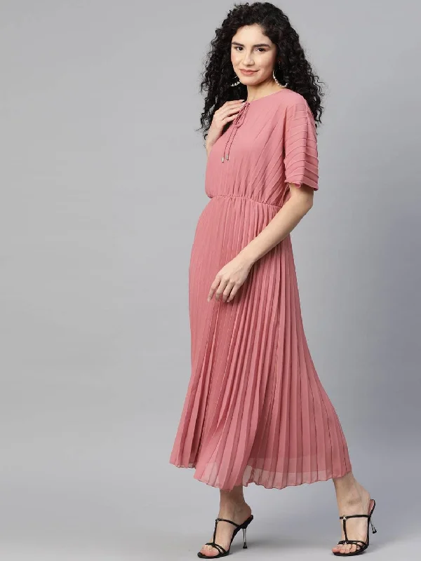 plusS Tie-Up Neck Flared Sleeve A-Line Midi Dress