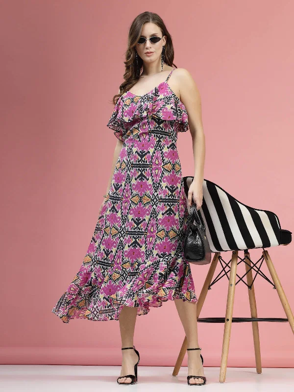 Violet  Black Floral Printed Shoulder Straps A-Line Midi Dress