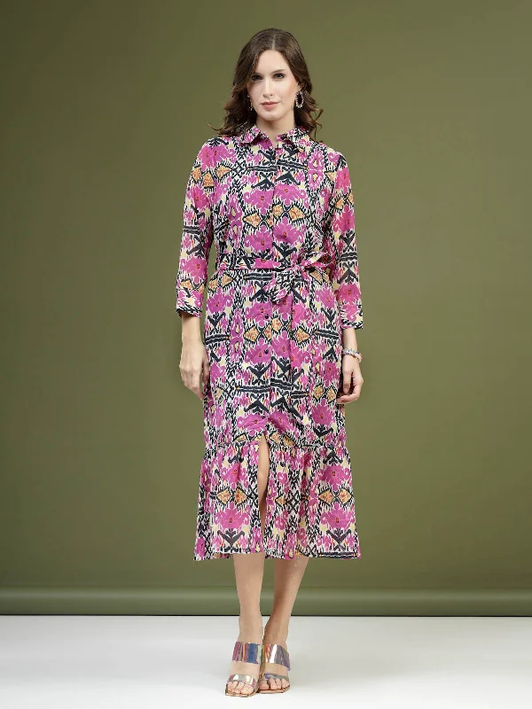 Violet Floral Printed Shirt Midi Dress