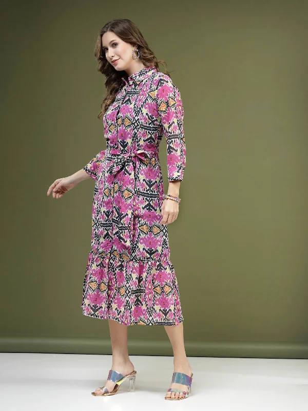 Violet Floral Printed Shirt Midi Dress