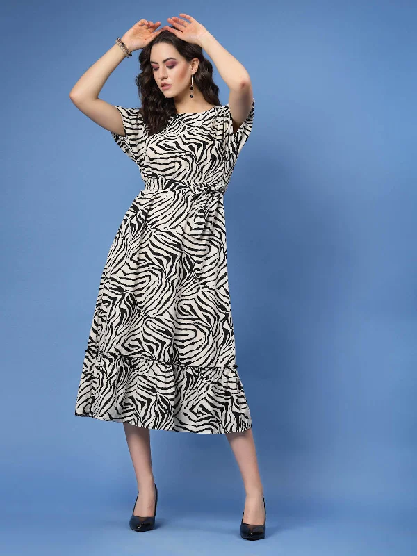 White Abstract Printed Fit  Flare Midi Dress