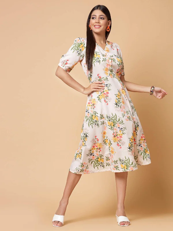 White Floral Printed Puffed Sleeves A-Line Midi Dress