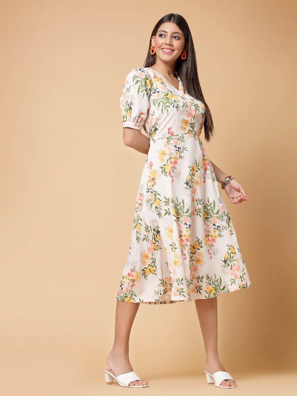 White Floral Printed Puffed Sleeves A-Line Midi Dress