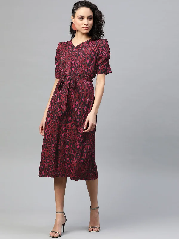 plusS Women Burgundy  Black Leopard Print Midi A-Line Dress with Belt