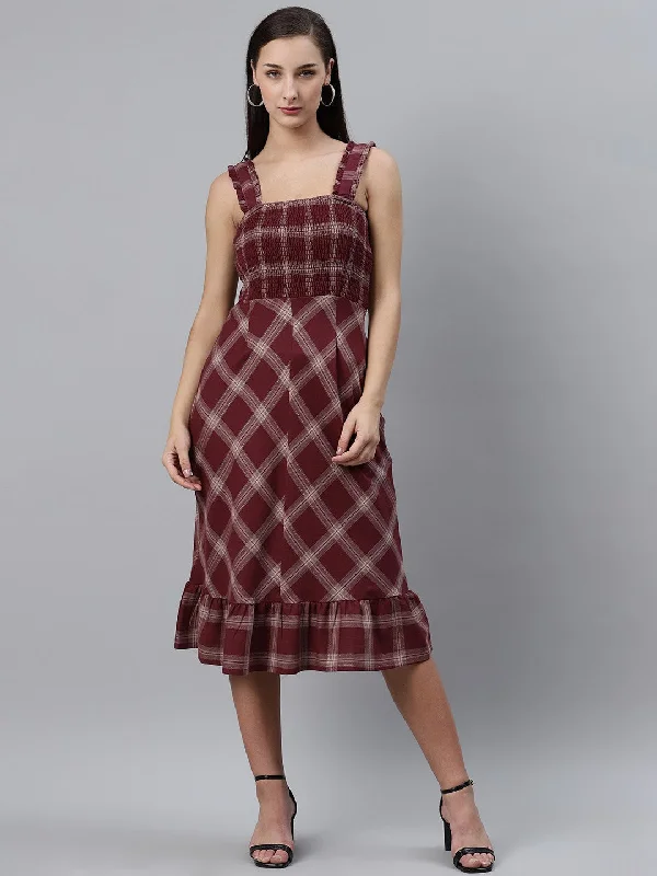 plusS Women Burgundy  White Checked Midi A-Line Dress with Smocked Detail