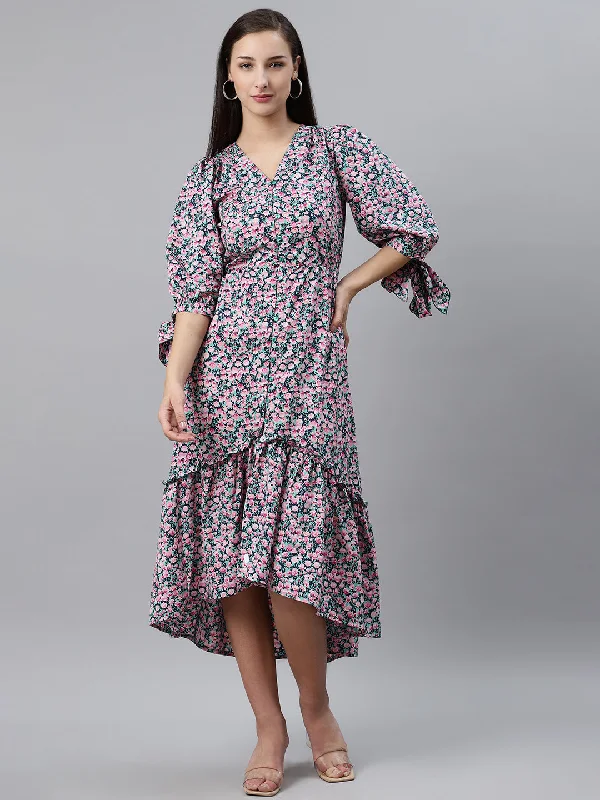 plusS Women Green  Pink Floral Print Midi A-Line Dress