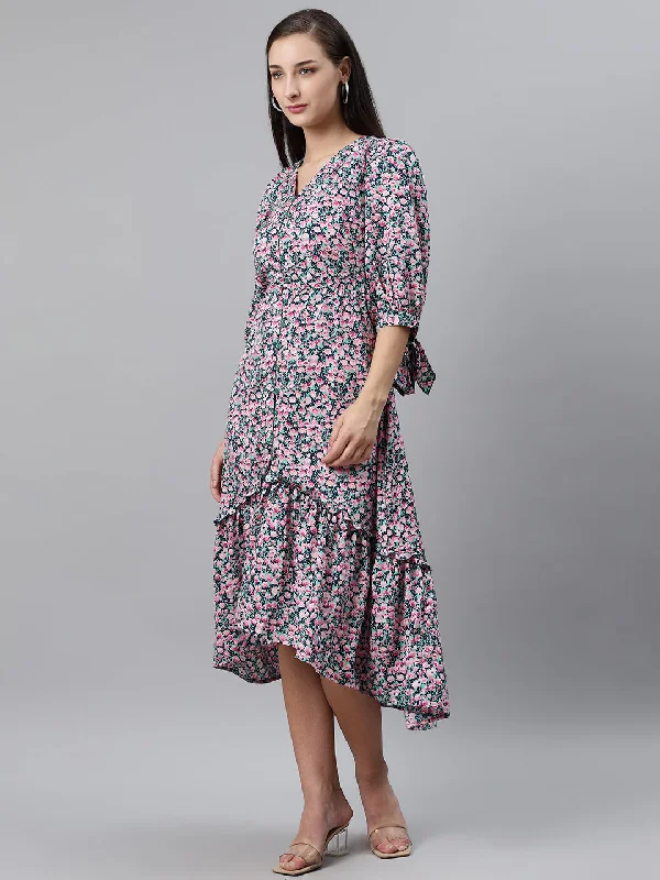 plusS Women Green  Pink Floral Print Midi A-Line Dress