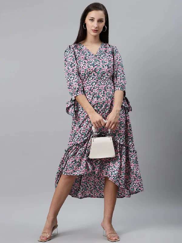 plusS Women Green  Pink Floral Print Midi A-Line Dress