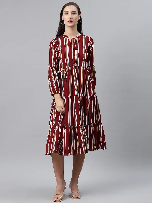 plusS Women Maroon  White Striped Midi Tiered A-Line Dress