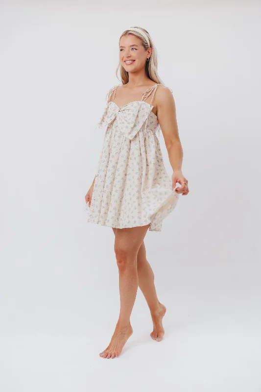 Irelyn Babydoll Mini Dress with Bow Accent in Cream/Blue Floral & Polka Dot