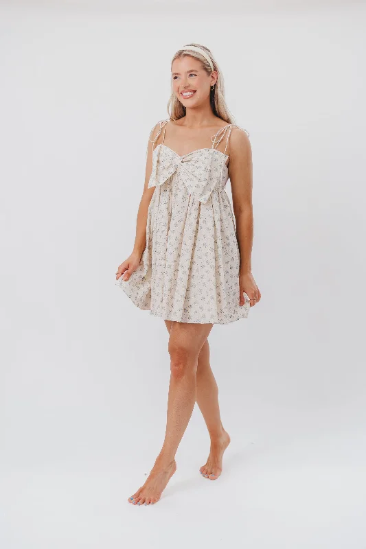 Irelyn Babydoll Mini Dress with Bow Accent in Cream/Blue Floral & Polka Dot