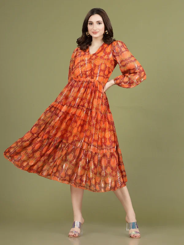 Print Bell Sleeve A-Line Midi Dress