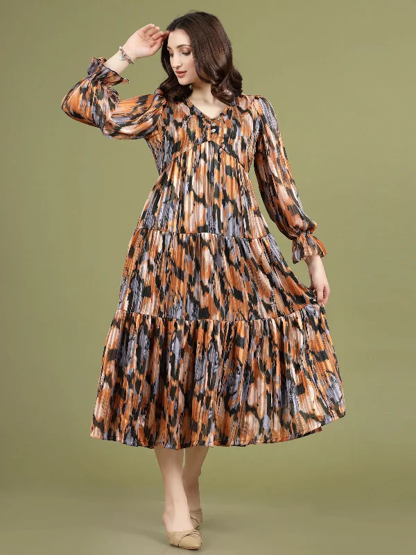 Print Puff Sleeve A-Line Midi Dress