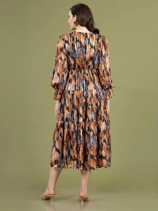 Print Puff Sleeve A-Line Midi Dress