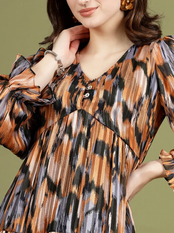 Print Puff Sleeve A-Line Midi Dress