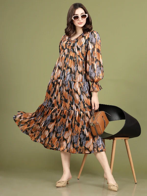 Print Puff Sleeve A-Line Midi Dress