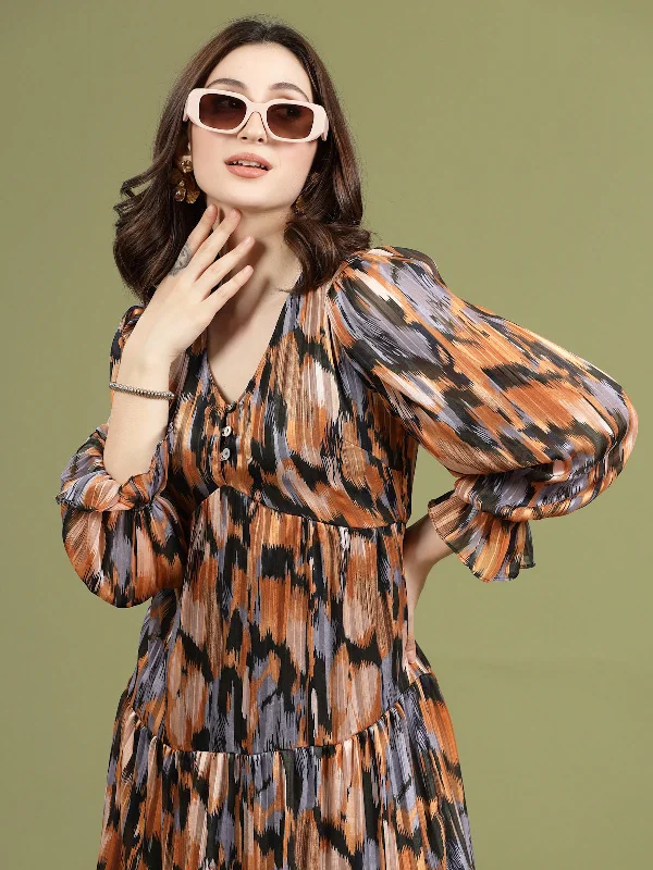 Print Puff Sleeve A-Line Midi Dress