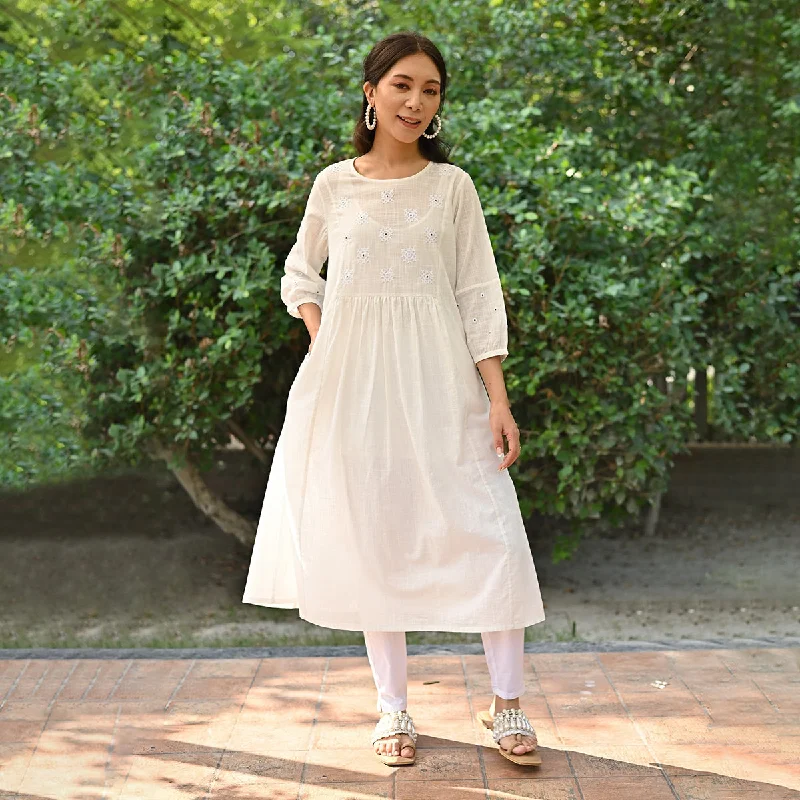 Cotton A-Line Dress for Women | Full Sleeves | White