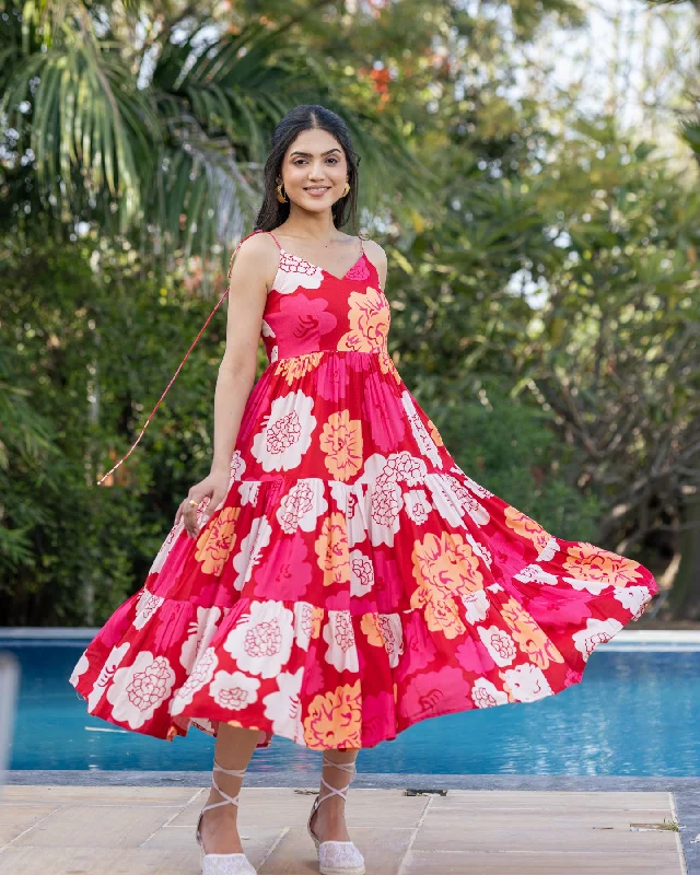 Red Animated Floret Tiered Dress