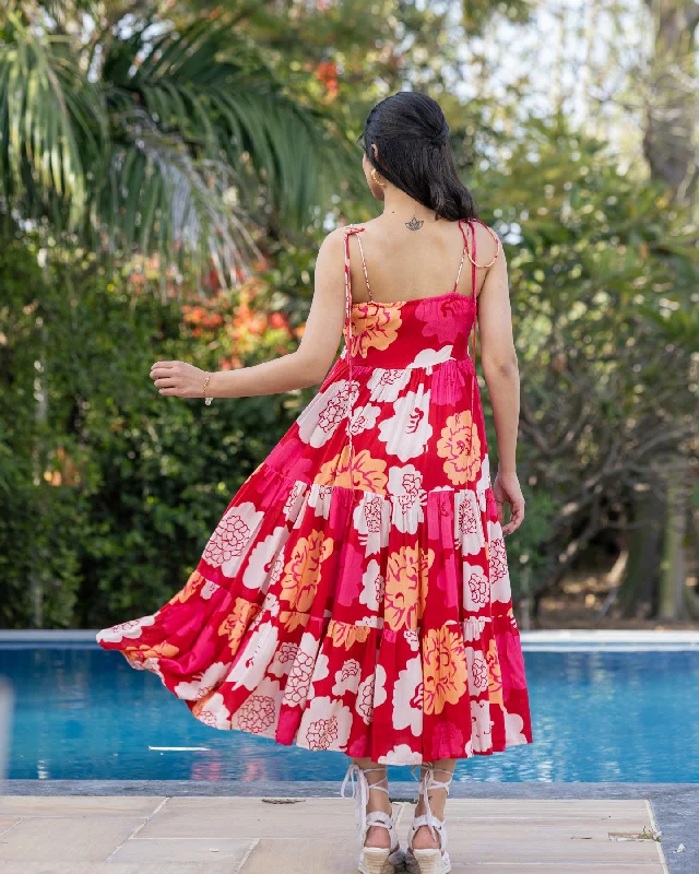 Red Animated Floret Tiered Dress