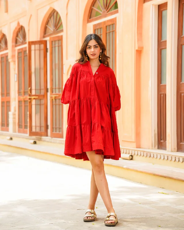 Red Solid & Tiered Short Dress