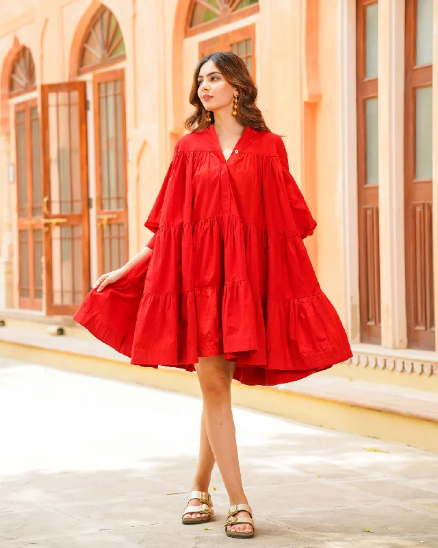 Red Solid & Tiered Short Dress