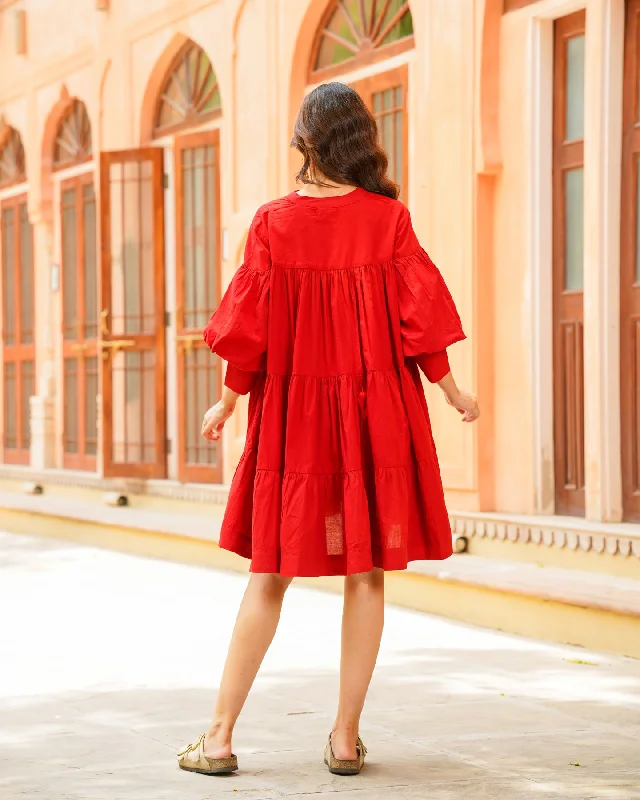 Red Solid & Tiered Short Dress