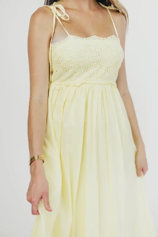 Sunny Days Scalloped Eyelet Lace Midi Dress in Yellow