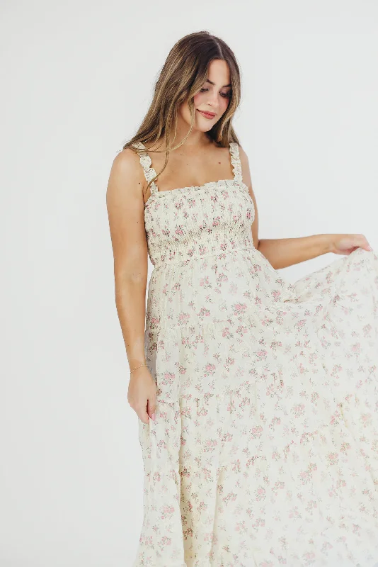 Ryan Ruffle Midi Dress with Embroidered Detail in Cream/Pink Floral