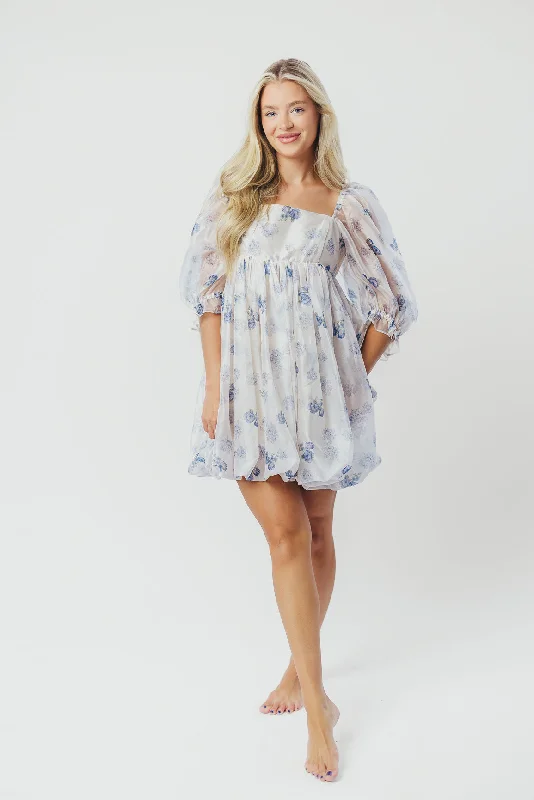 Chase Bubble Hem Mini Dress in White/Periwinkle