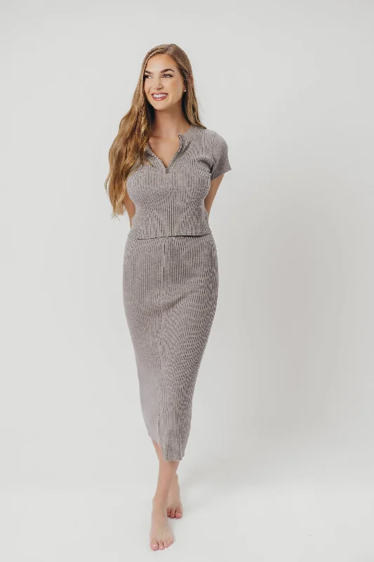 Indy Zipper Front Midi Skirt in Heather Grey